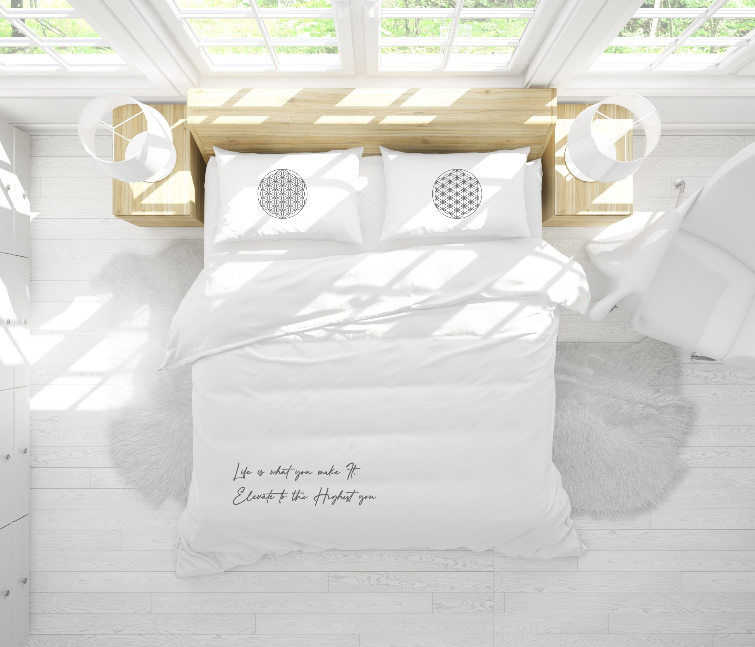 סט מצעים לבן מכותנה או מבמבוק דגם פרח החיים