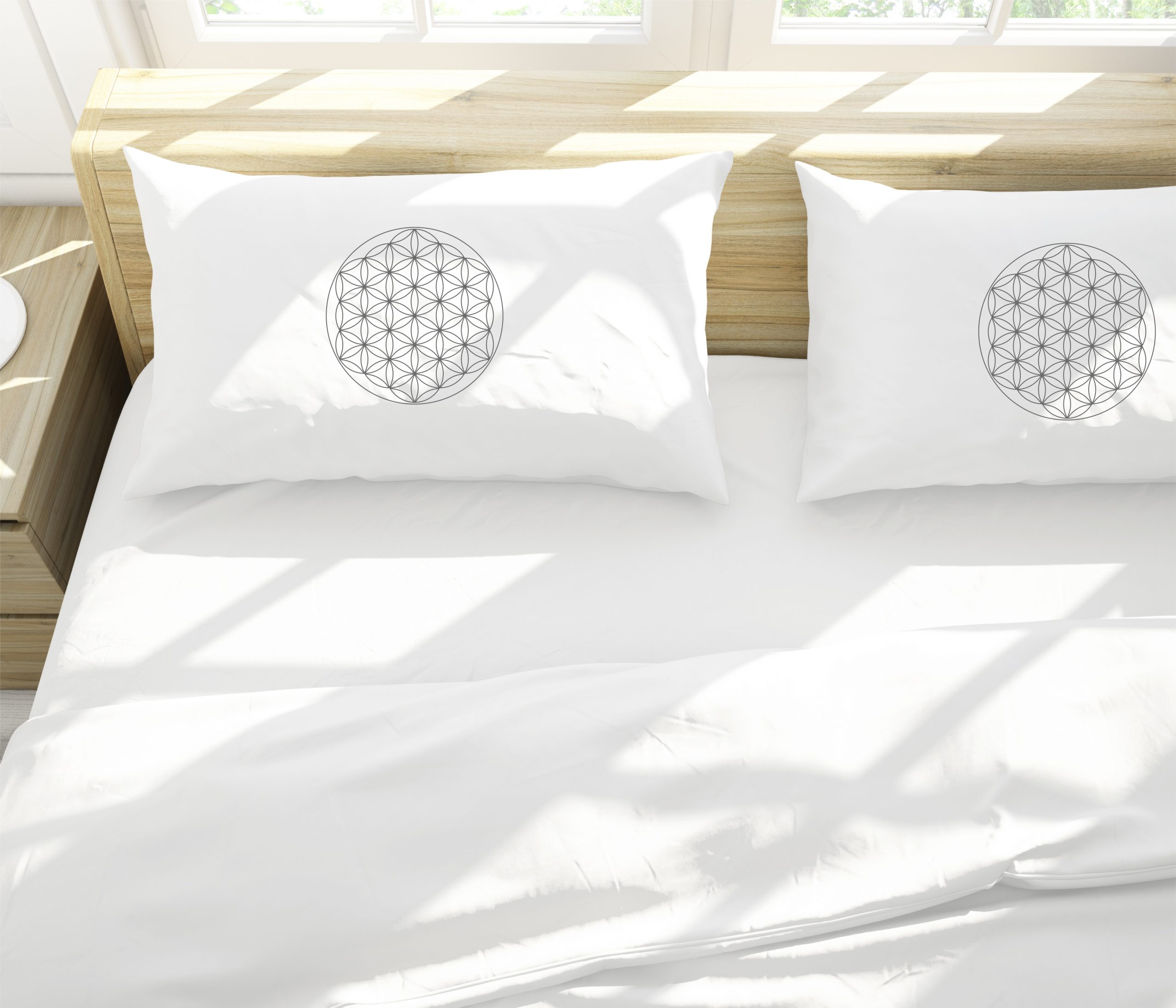 סט מצעים לבן מכותנה או מבמבוק דגם פרח החיים