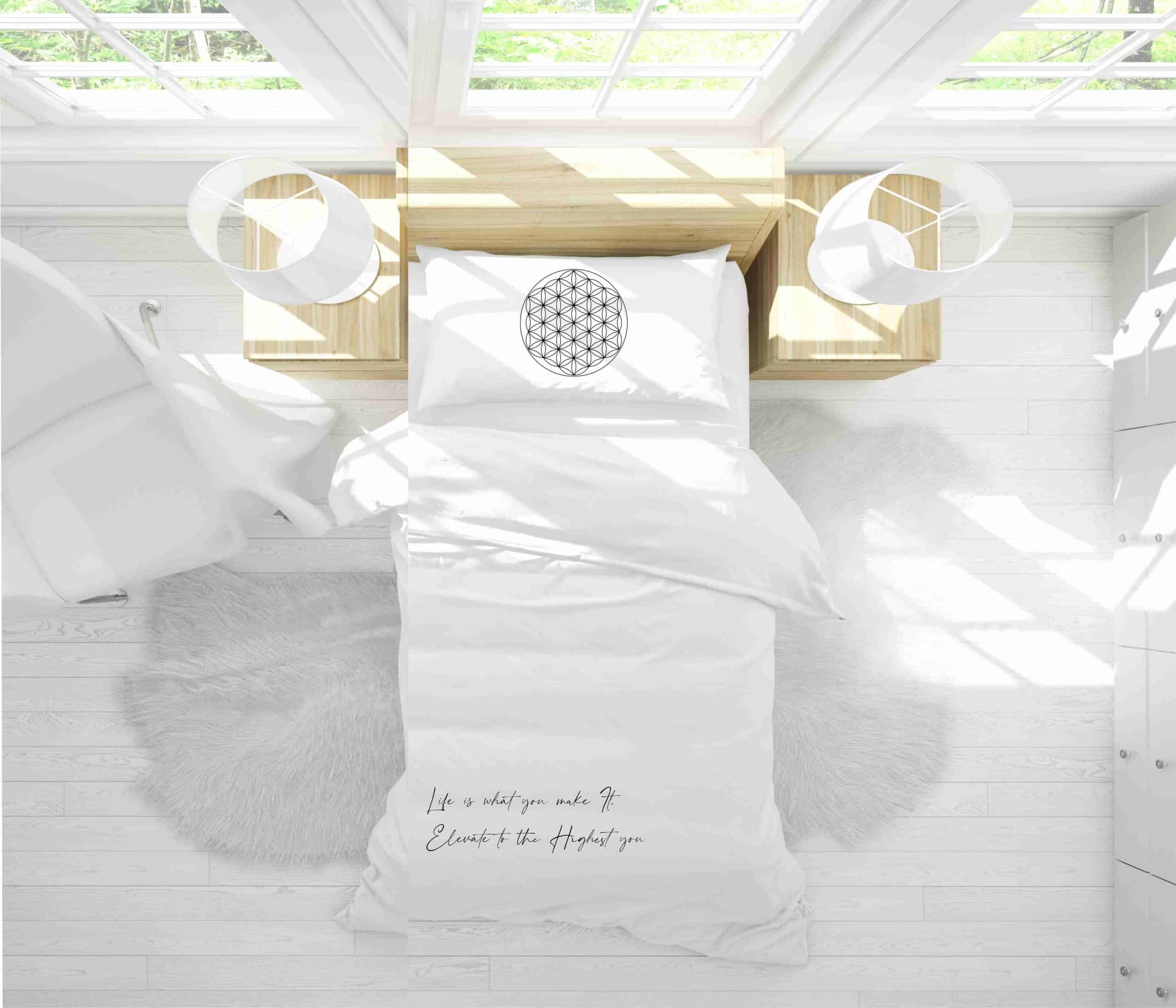 סט מצעים לבן מכותנה או מבמבוק דגם פרח החיים